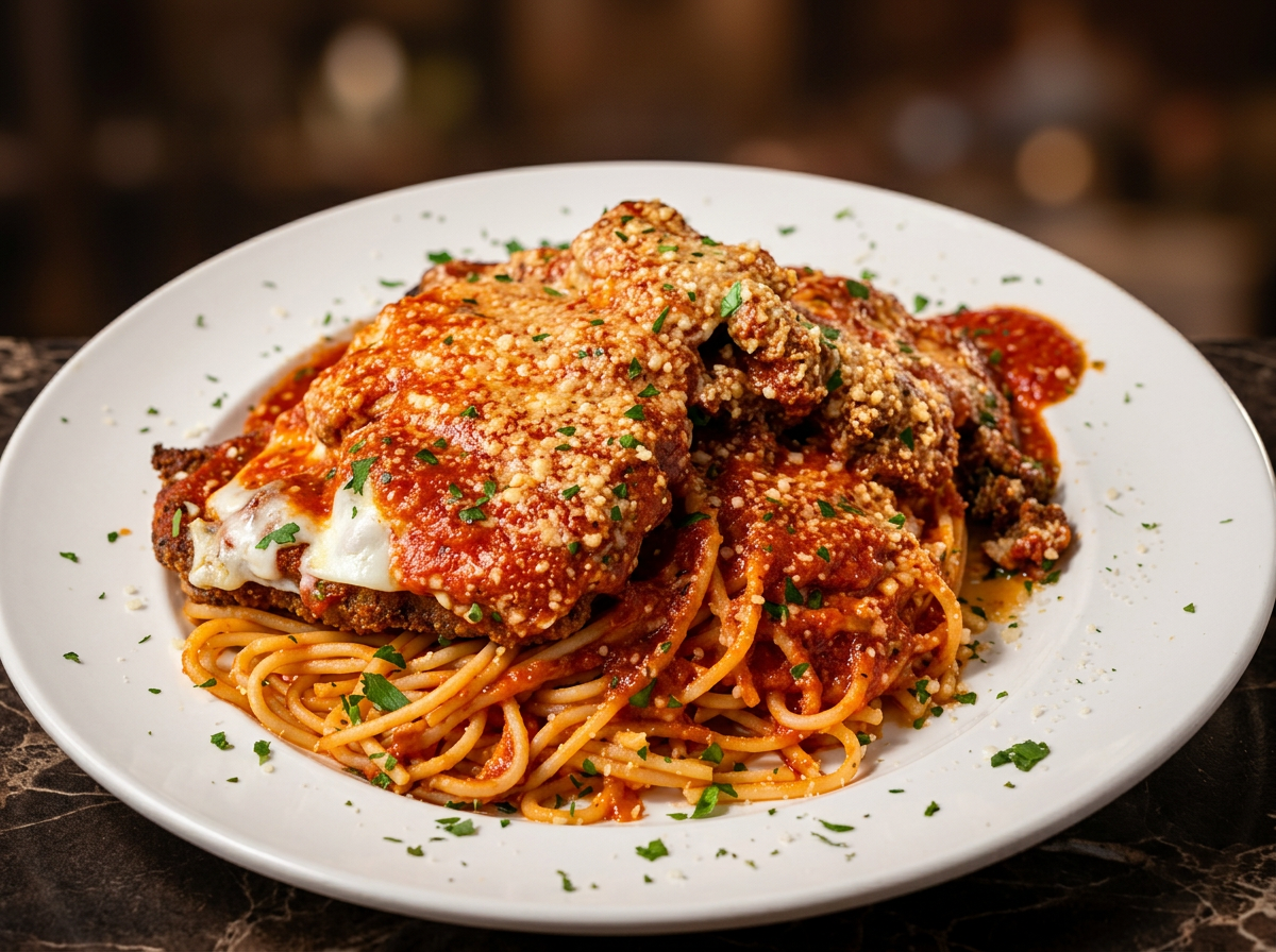 Chicken parmesan before and after PlateShot enhancement after